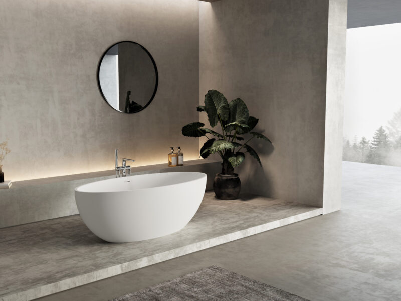 67 in. x 31 in. Oval Freestanding Solid Surface Soaking Bathtub with Center Drain in Matte White - Image 7