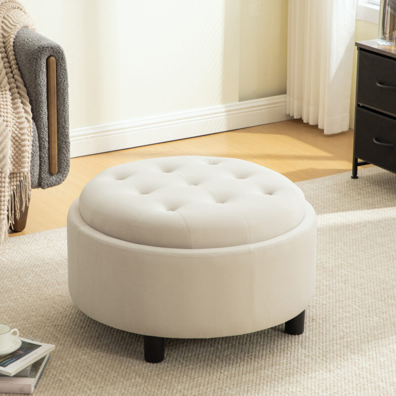 29.33"W Upholstered Round Ottoman With Reversible Lid, Fleece Fabric Storage Stool, Hand-pulled buckle decoration Design Footstool for Living room, Bedroom and Office - Image 5