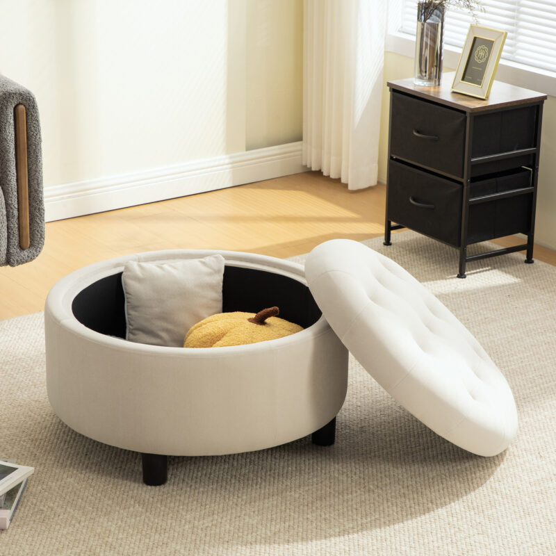 29.33"W Upholstered Round Ottoman With Reversible Lid, Fleece Fabric Storage Stool, Hand-pulled buckle decoration Design Footstool for Living room, Bedroom and Office - Image 2