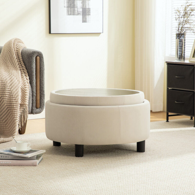 29.33"W Upholstered Round Ottoman With Reversible Lid, Fleece Fabric Storage Stool, Hand-pulled buckle decoration Design Footstool for Living room, Bedroom and Office - Image 4