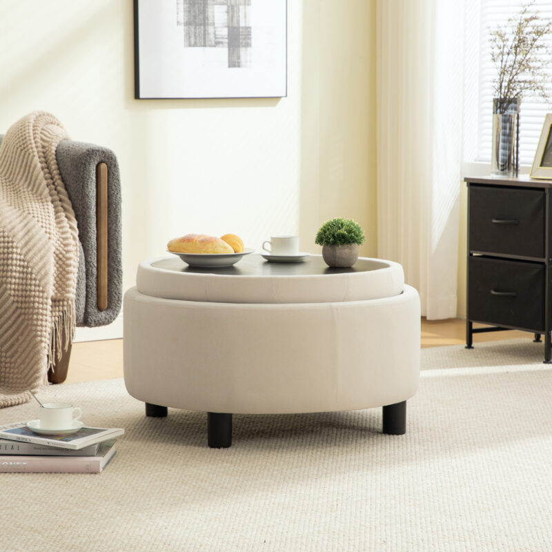 29.33"W Upholstered Round Ottoman With Reversible Lid, Fleece Fabric Storage Stool, Hand-pulled buckle decoration Design Footstool for Living room, Bedroom and Office - Image 3