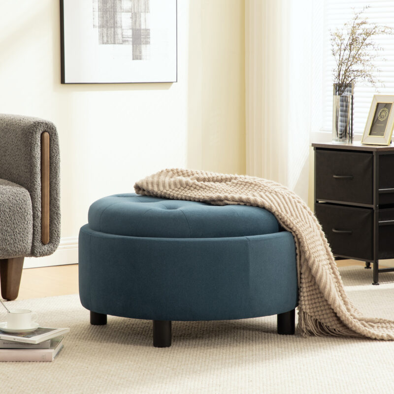 29.33"W Upholstered Round Ottoman With Reversible Lid, Fleece Fabric Storage Stool, Hand-pulled buckle decoration Design Footstool for Living room, Bedroom and Office - Image 20