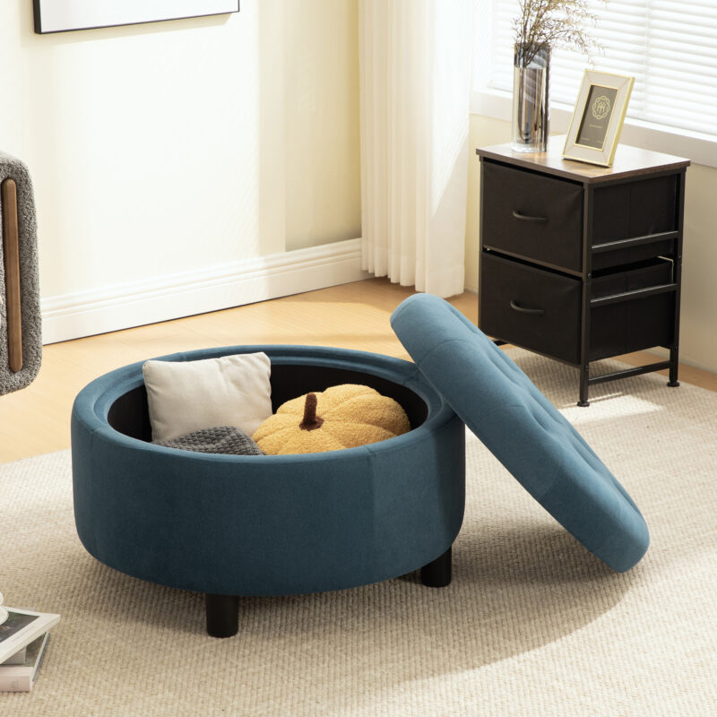 29.33"W Upholstered Round Ottoman With Reversible Lid, Fleece Fabric Storage Stool, Hand-pulled buckle decoration Design Footstool for Living room, Bedroom and Office - Image 25