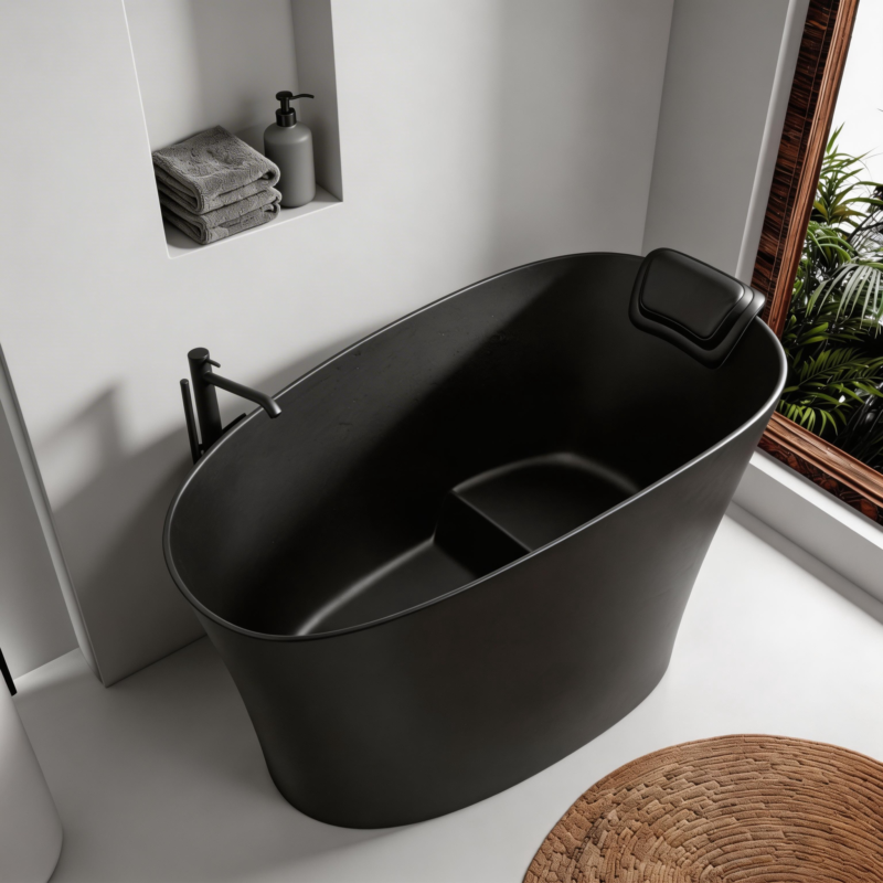 51" Solid Surface Oval Freestanding Black Bathtub with Overflow and Drain Assembly, with Integral Seat and headrest, LTL - Image 10