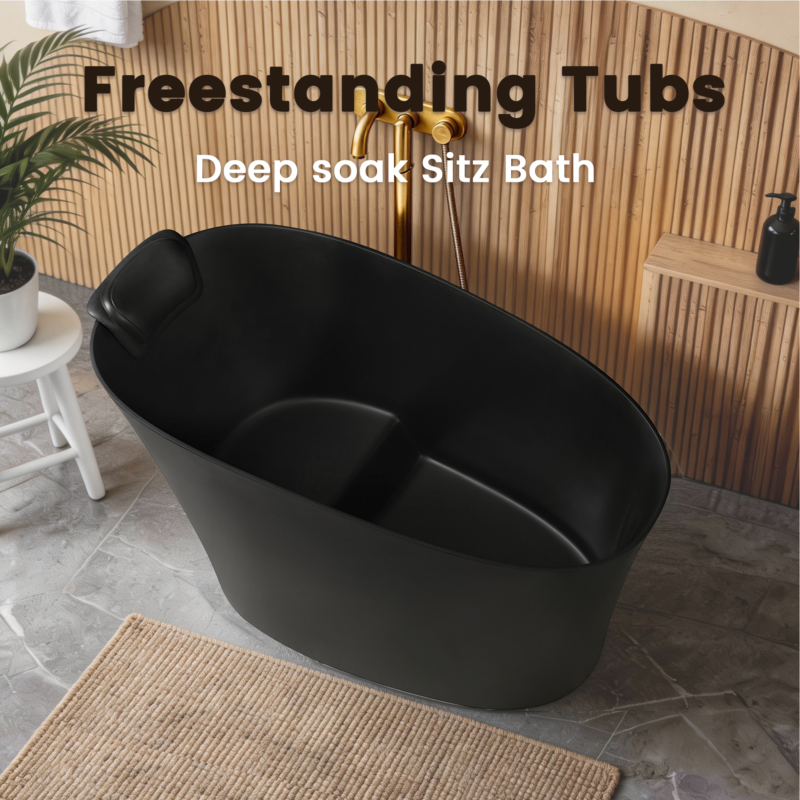 51" Solid Surface Oval Freestanding Black Bathtub with Overflow and Drain Assembly, with Integral Seat and headrest, LTL - Image 9