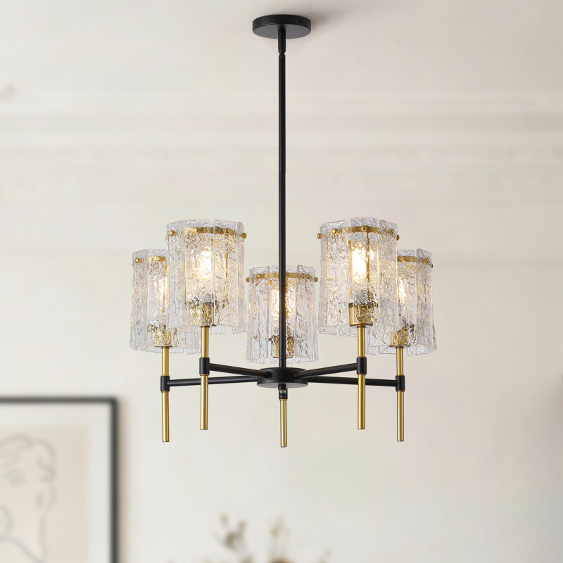 Modern 5-Light Black and Gold Chandelier, Textured Glass Pendant Light with Electroplated Gold Finish for Living Room Dining Room Not Including the Bulb - Image 8
