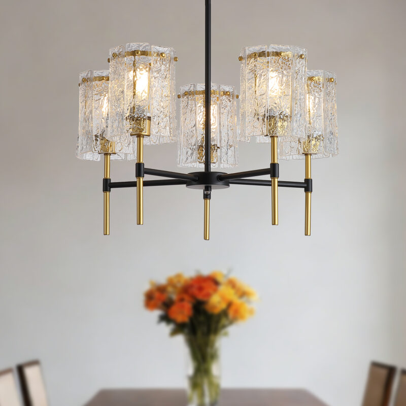 Modern 5-Light Black and Gold Chandelier, Textured Glass Pendant Light with Electroplated Gold Finish for Living Room Dining Room Not Including the Bulb - Image 4