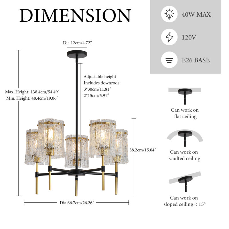 Modern 5-Light Black and Gold Chandelier, Textured Glass Pendant Light with Electroplated Gold Finish for Living Room Dining Room Not Including the Bulb - Image 12