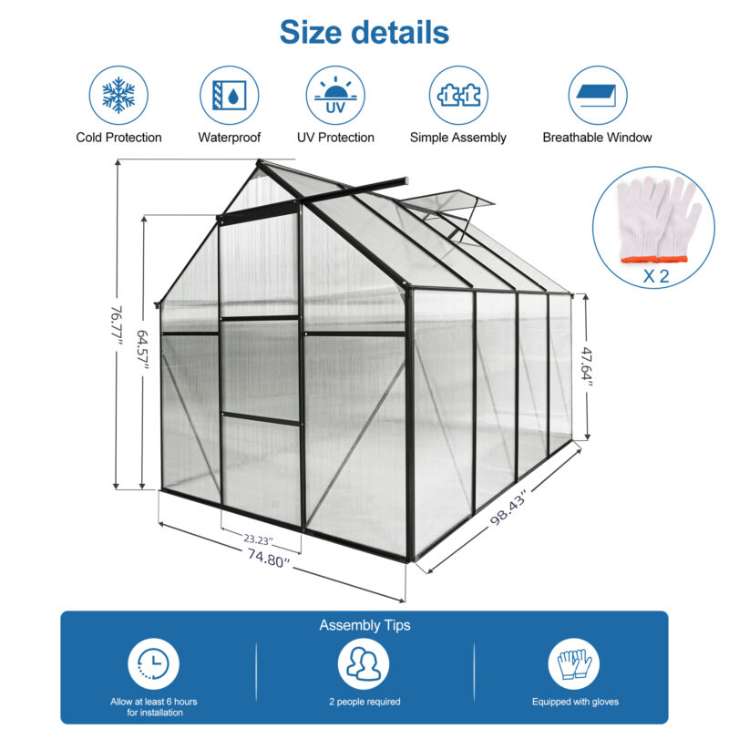 6x8 FT Polycarbonate Greenhouse Raised Base and Anchor Aluminum Heavy Duty Walk-in Greenhouses for Outdoor Backyard in All Season - Image 6