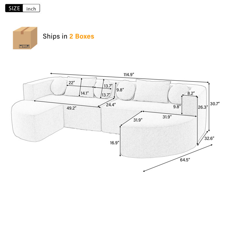 Boneless Couch Modular Sectional Sofa 114.9" Free-combined Sofa Couch Sofa Bed Compression Sofa with Deep Seating and Curved Design for Living Room - Image 17