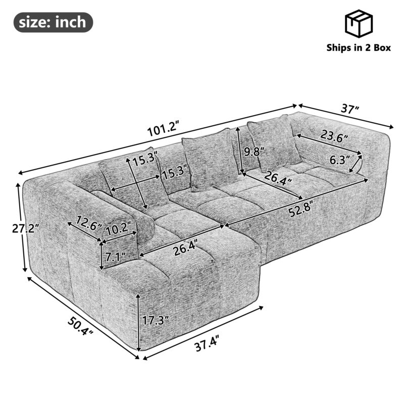 101.2" Sectional Sofa Full-Compressed Sofa Modular Sofa Couch Free-combined Sofa with Deep Seating and Two Side Pockets for Living Room - Image 19