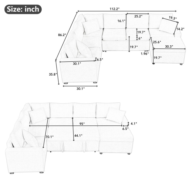 112.2" Sectional Sofa Pull-out Sofa Bed Sleeper with a Storage Ottoman,Three Pillows and Charging Devices for Living Room - Image 13