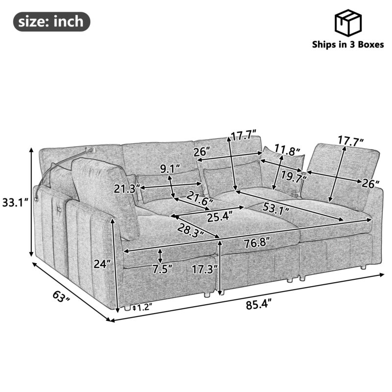Modern Sectional Sofa Modular Sofa 85.4" U-shaped Sofa Couch Sofa Bed L-shaped Sofa with a Movable Ottoman and Two USB Ports and a Phone Holder for Living Room, Brown - Image 15