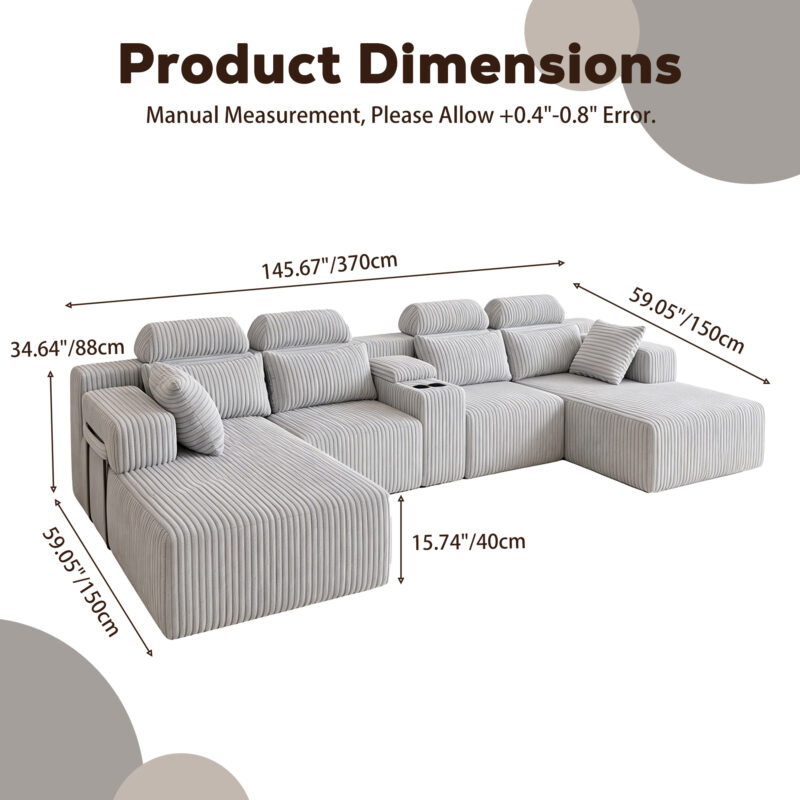 Modern Gray Velvet U-Shaped Velvet Sectional Sofa - 3-Piece Living Room Set with Chaise Lounge & Cup Holders - 145.7"/370cm Extra Large Modular Sofa for Home Theater, Family Room, Luxury Living Space - Image 3
