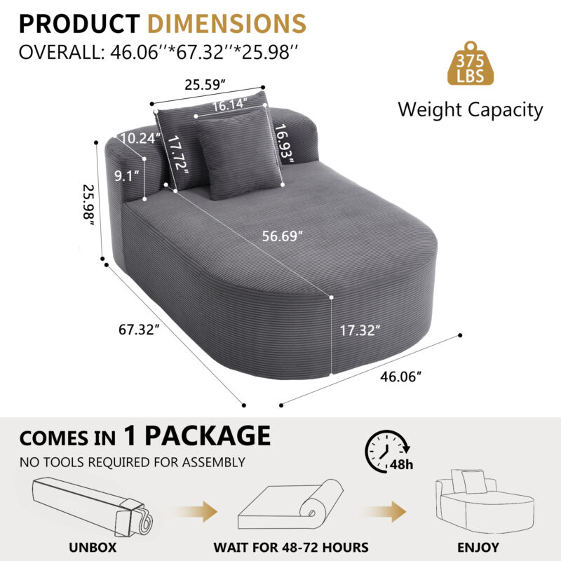 67.5''Chaise Lounge Chair 46'' Wide Seat Indoor Corduroy Oversized Sleeper Sofa for Living Room Deep Seat Lounge and Two Soft Pillows Convertible Boneless Sofa Bed, Green,No Assembly Required - Image 21