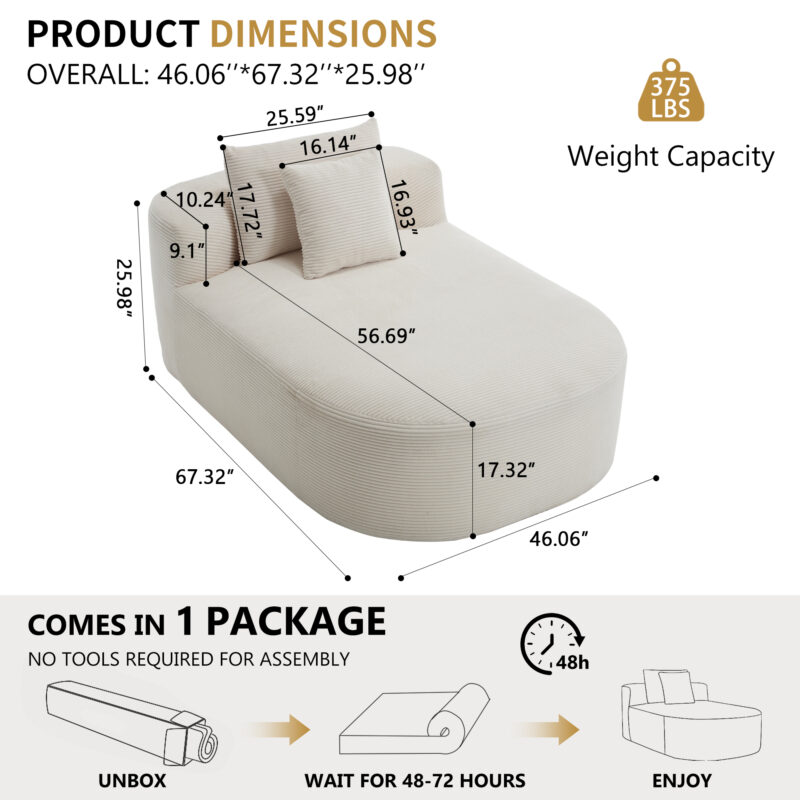 67.5''Chaise Lounge Chair 46'' Wide Seat Indoor Corduroy Oversized Sleeper Sofa for Living Room Deep Seat Lounge and Two Soft Pillows Convertible Boneless Sofa Bed, Green,No Assembly Required - Image 14