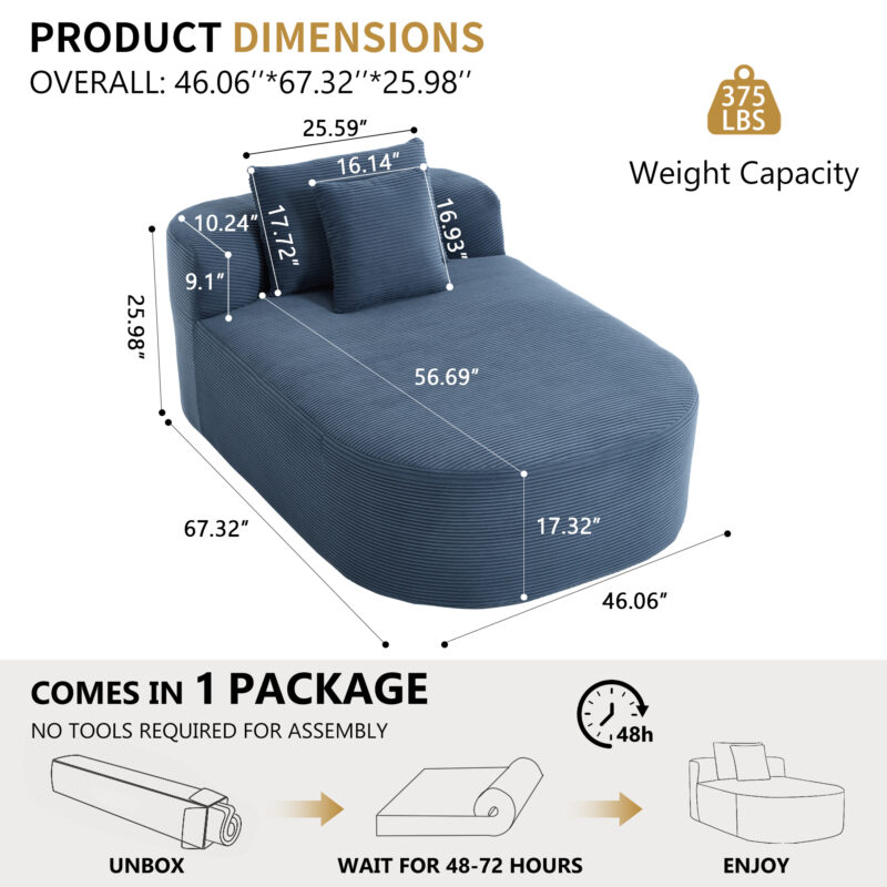 67.5''Chaise Lounge Chair 46'' Wide Seat Indoor Corduroy Oversized Sleeper Sofa for Living Room Deep Seat Lounge and Two Soft Pillows Convertible Boneless Sofa Bed, Green,No Assembly Required - Image 6