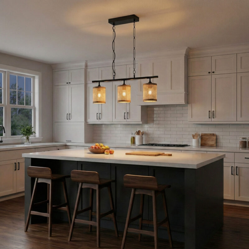 Elysian Three Lights Island With Natural Rattan Shade Farmhouse Chain Ceiling Lamp - Image 3