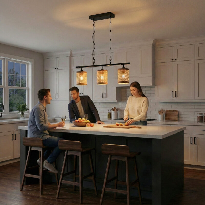 Elysian Three Lights Island With Natural Rattan Shade Farmhouse Chain Ceiling Lamp - Image 2
