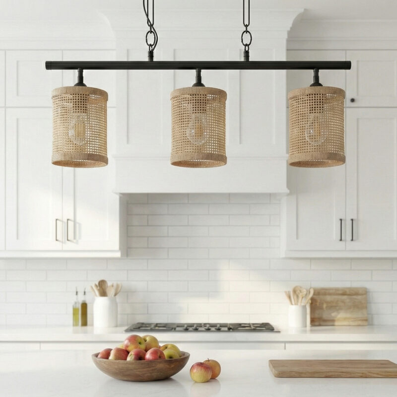 Elysian Three Lights Island With Natural Rattan Shade Farmhouse Chain Ceiling Lamp - Image 6