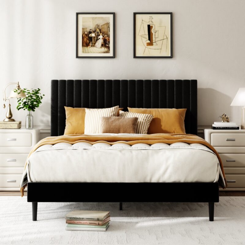 Queen Size Bed frame, Velvet Upholstered Platform Bed with Height-Adjustable Headboard, Sturdy Frame and Alats, Quiet Design, No-Spring Mattress Compatible, Easy to Assemble, Beige - Image 7