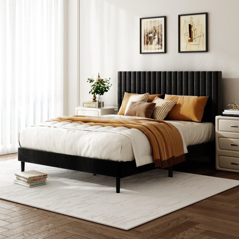 Queen Size Bed frame, Velvet Upholstered Platform Bed with Height-Adjustable Headboard, Sturdy Frame and Alats, Quiet Design, No-Spring Mattress Compatible, Easy to Assemble, Beige - Image 6