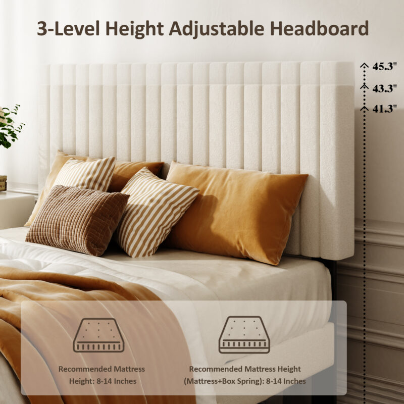Queen Size Bed frame, Velvet Upholstered Platform Bed with Height-Adjustable Headboard, Sturdy Frame and Alats, Quiet Design, No-Spring Mattress Compatible, Easy to Assemble, Beige - Image 9