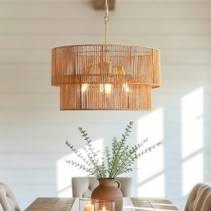 23.62" Handwoven Woven Paper Rattan Chandelier, 2-Tier Boho Wabi-Sabi Pendant Light, Gold Metal Hanging Ceiling Lamp, Wicker Lighting Fixture for Dining Room Kitchen Island Living Room - Image 14