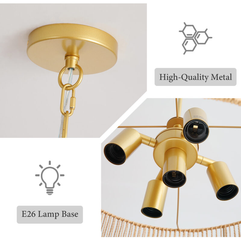 23.62" Handwoven Woven Paper Rattan Chandelier, 2-Tier Boho Wabi-Sabi Pendant Light, Gold Metal Hanging Ceiling Lamp, Wicker Lighting Fixture for Dining Room Kitchen Island Living Room - Image 4