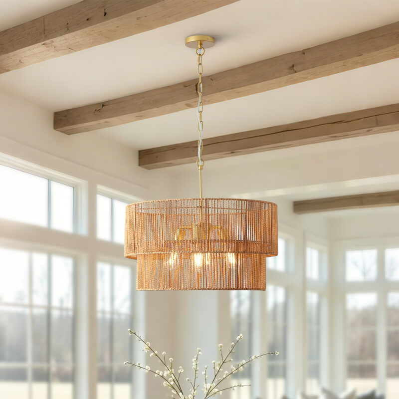 23.62" Handwoven Woven Paper Rattan Chandelier, 2-Tier Boho Wabi-Sabi Pendant Light, Gold Metal Hanging Ceiling Lamp, Wicker Lighting Fixture for Dining Room Kitchen Island Living Room - Image 12