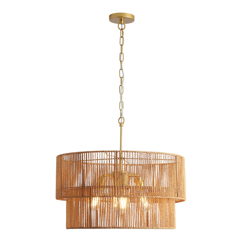 23.62" Handwoven Woven Paper Rattan Chandelier, 2-Tier Boho Wabi-Sabi Pendant Light, Gold Metal Hanging Ceiling Lamp, Wicker Lighting Fixture for Dining Room Kitchen Island Living Room - Image 2