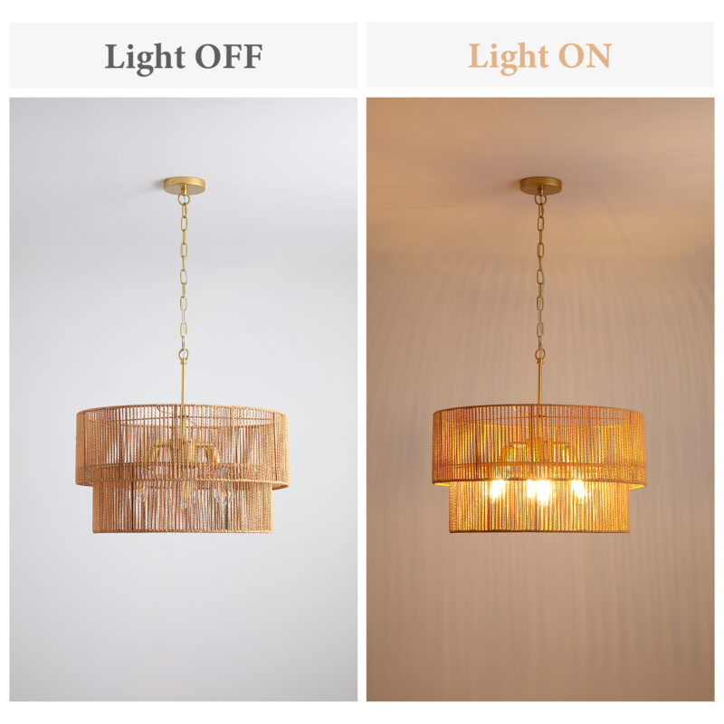 23.62" Handwoven Woven Paper Rattan Chandelier, 2-Tier Boho Wabi-Sabi Pendant Light, Gold Metal Hanging Ceiling Lamp, Wicker Lighting Fixture for Dining Room Kitchen Island Living Room - Image 15