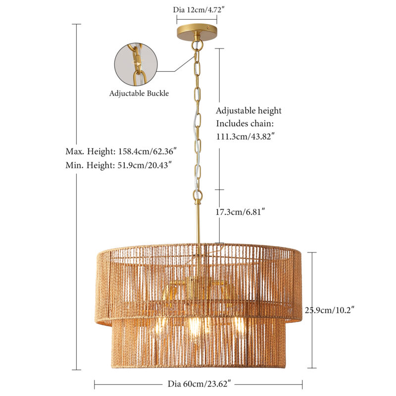23.62" Handwoven Woven Paper Rattan Chandelier, 2-Tier Boho Wabi-Sabi Pendant Light, Gold Metal Hanging Ceiling Lamp, Wicker Lighting Fixture for Dining Room Kitchen Island Living Room - Image 6