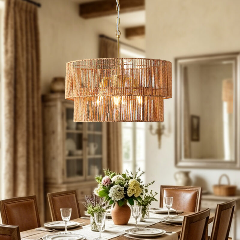 23.62" Handwoven Woven Paper Rattan Chandelier, 2-Tier Boho Wabi-Sabi Pendant Light, Gold Metal Hanging Ceiling Lamp, Wicker Lighting Fixture for Dining Room Kitchen Island Living Room - Image 13