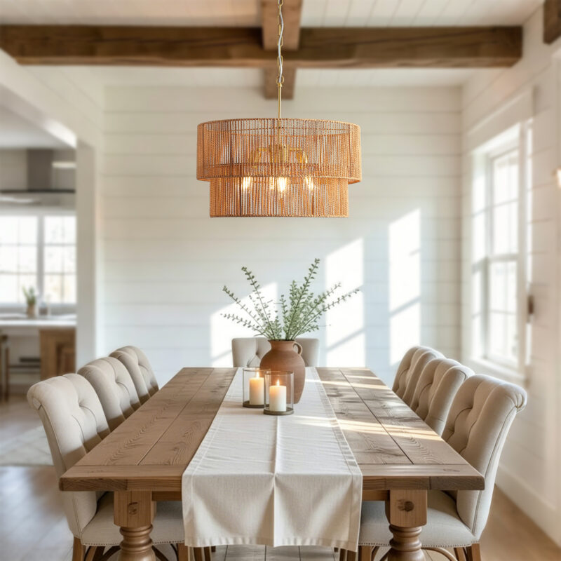 23.62" Handwoven Woven Paper Rattan Chandelier, 2-Tier Boho Wabi-Sabi Pendant Light, Gold Metal Hanging Ceiling Lamp, Wicker Lighting Fixture for Dining Room Kitchen Island Living Room - Image 11