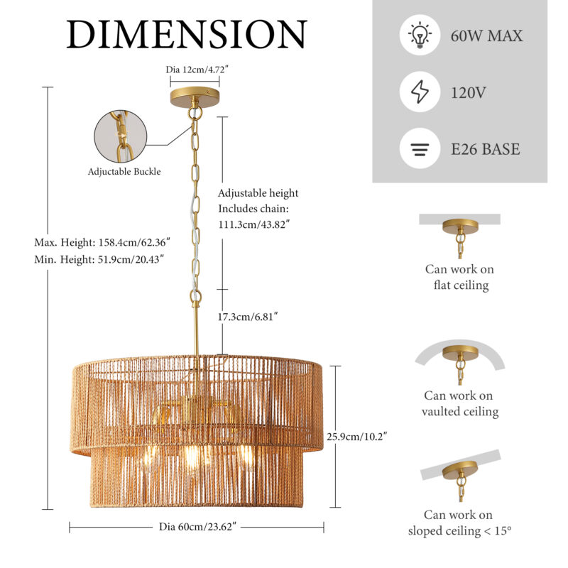 23.62" Handwoven Woven Paper Rattan Chandelier, 2-Tier Boho Wabi-Sabi Pendant Light, Gold Metal Hanging Ceiling Lamp, Wicker Lighting Fixture for Dining Room Kitchen Island Living Room - Image 7