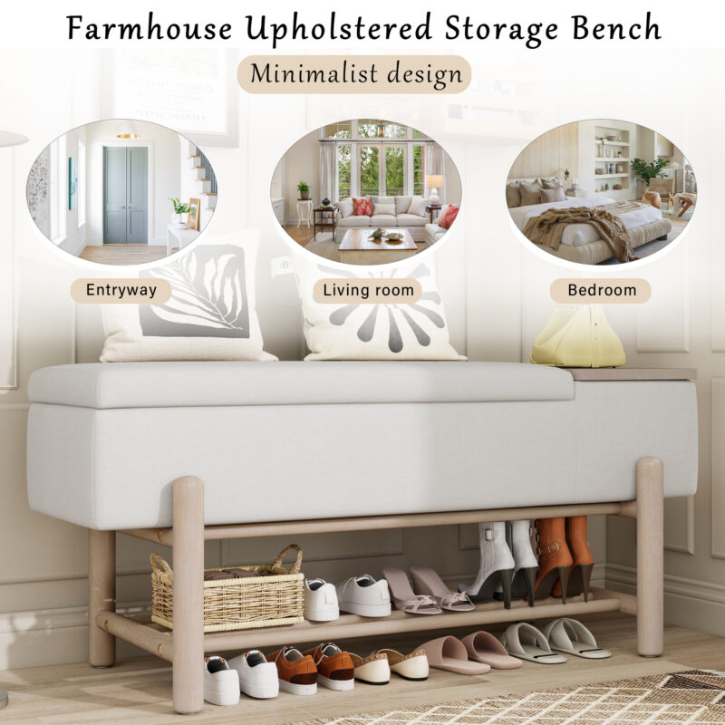 TREXM Farmhouse Upholstered Storage Bench with Hidden Compartment, Modern Entryway Bench for Living Room, Entryway, and Hallways - Image 5