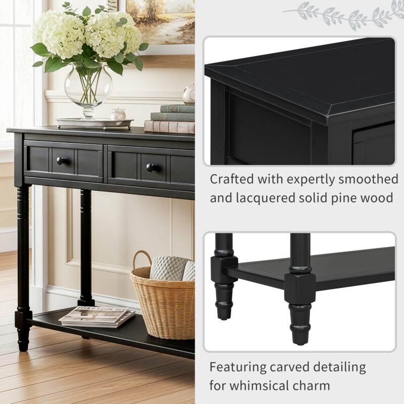 TREXM Daisy Series Console Table Traditional Design with Two Drawers and Bottom Shelf (Black) - Image 4