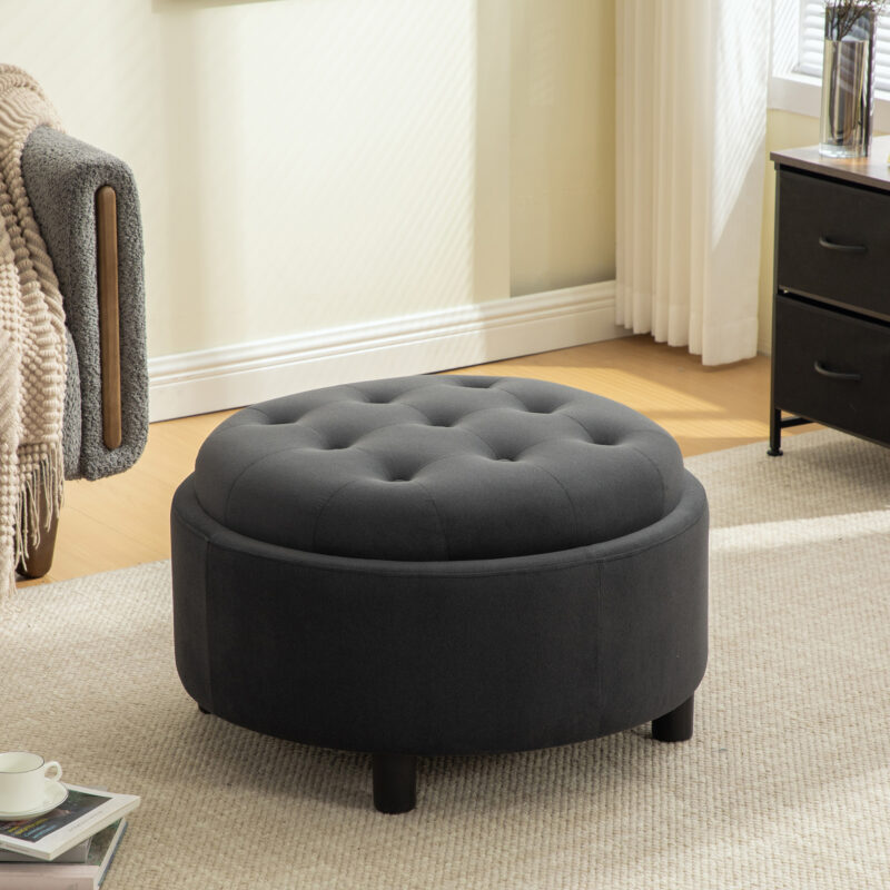 29.33"W Upholstered Round Ottoman With Reversible Lid, Fleece Fabric Storage Stool, Hand-pulled buckle decoration Design Footstool for Living room, Bedroom and Office - Image 15