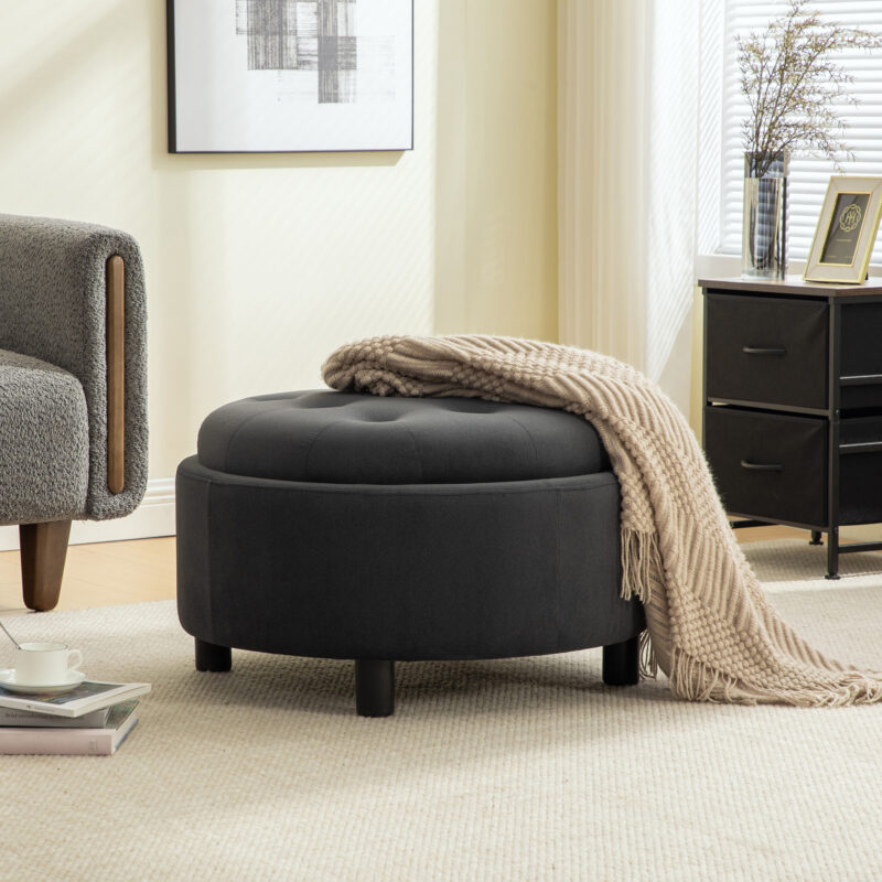29.33"W Upholstered Round Ottoman With Reversible Lid, Fleece Fabric Storage Stool, Hand-pulled buckle decoration Design Footstool for Living room, Bedroom and Office - Image 14
