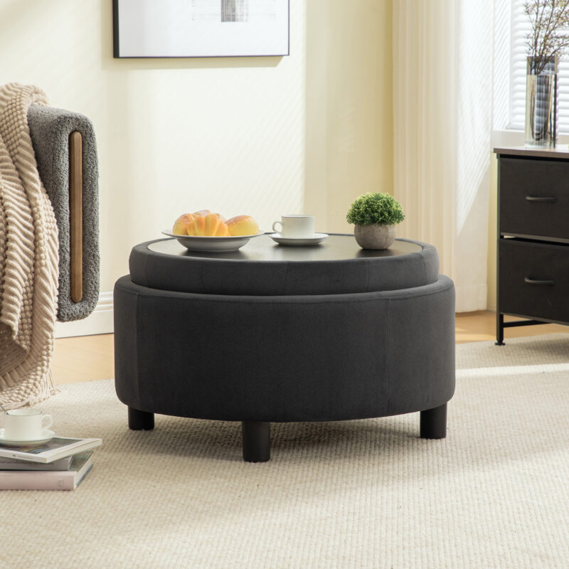29.33"W Upholstered Round Ottoman With Reversible Lid, Fleece Fabric Storage Stool, Hand-pulled buckle decoration Design Footstool for Living room, Bedroom and Office - Image 12