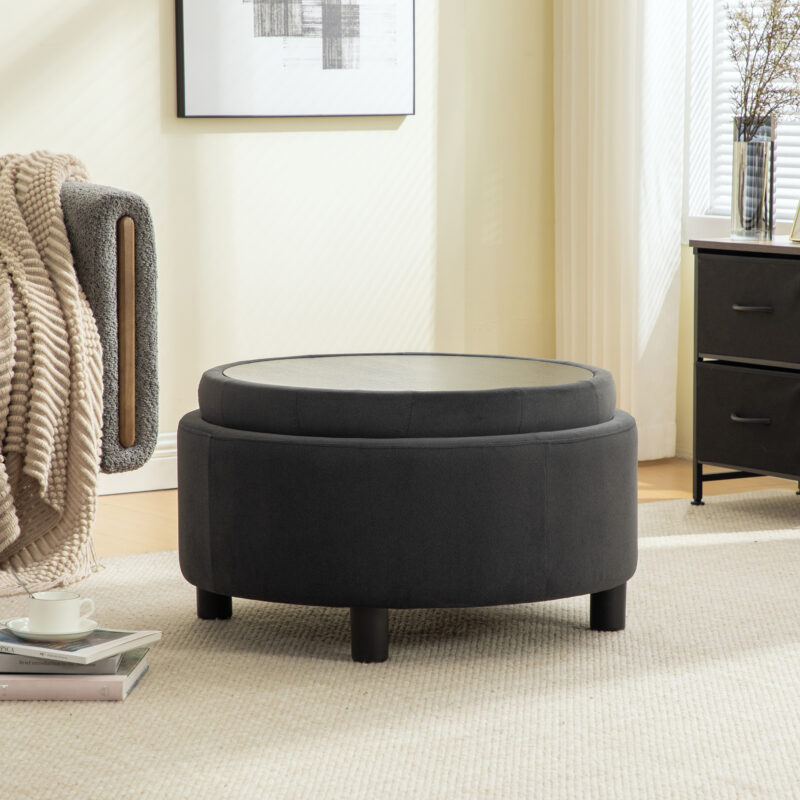 29.33"W Upholstered Round Ottoman With Reversible Lid, Fleece Fabric Storage Stool, Hand-pulled buckle decoration Design Footstool for Living room, Bedroom and Office - Image 11