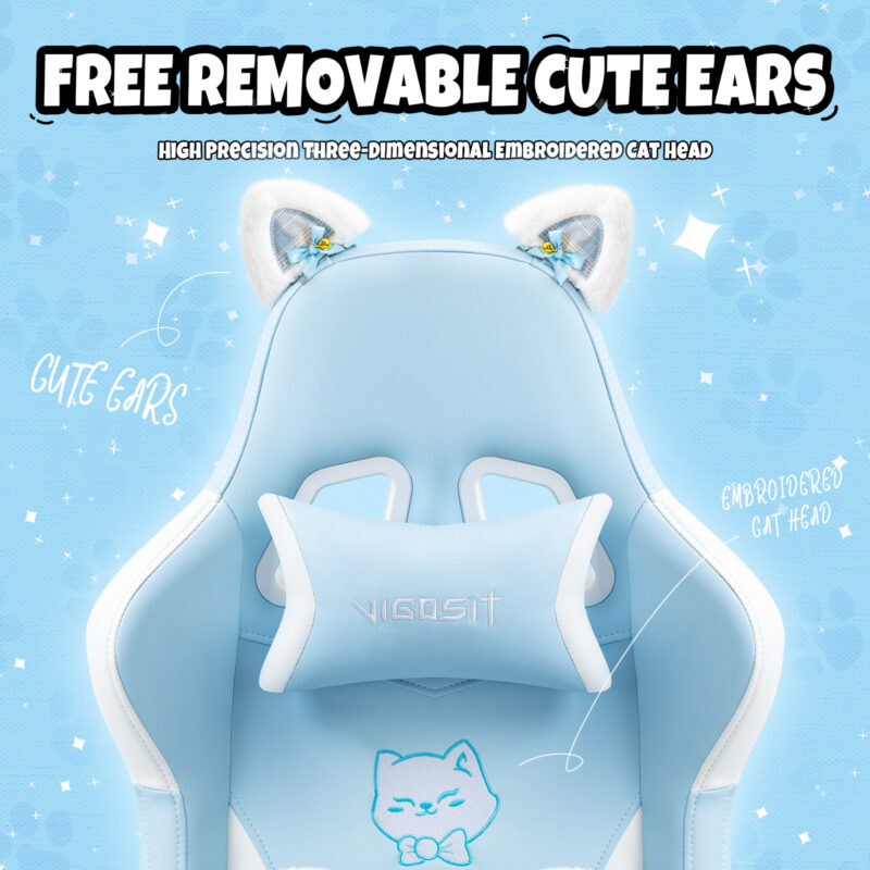 Cat Ears Pink Gaming Chair - Pink PU Leather Ergonomic Reclining Office Chair with Footrest, 310lb Capacity, 6-Position Recline, 360° Swivel - Image 10