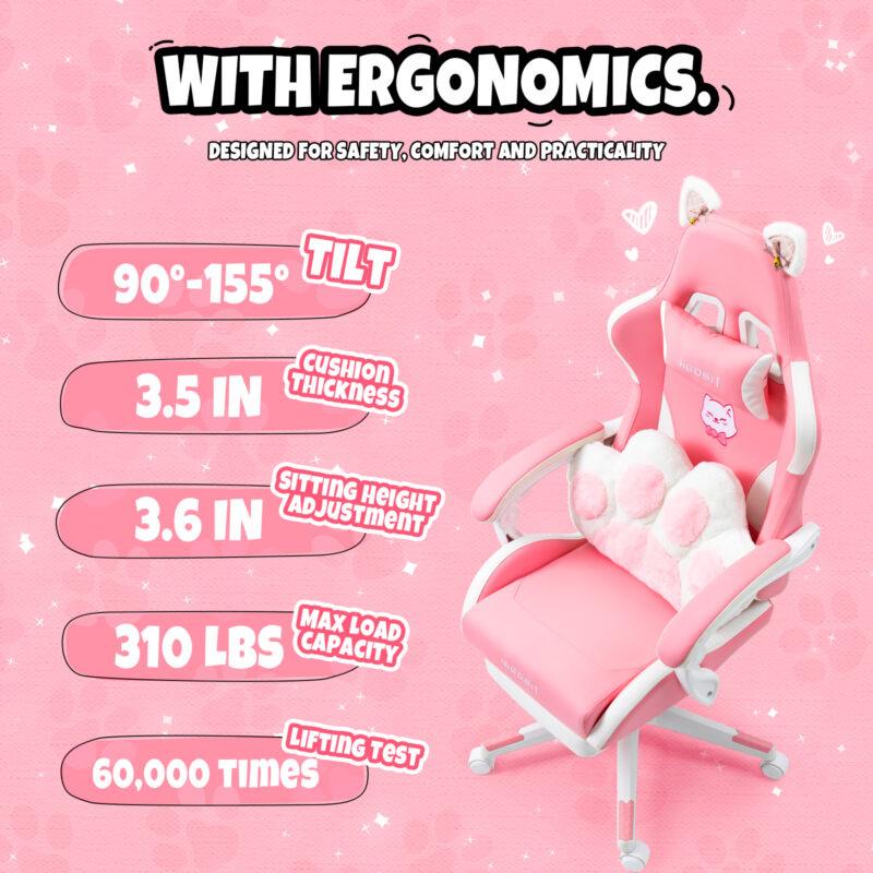 Cat Ears Pink Gaming Chair - Pink PU Leather Ergonomic Reclining Office Chair with Footrest, 310lb Capacity, 6-Position Recline, 360° Swivel - Image 4
