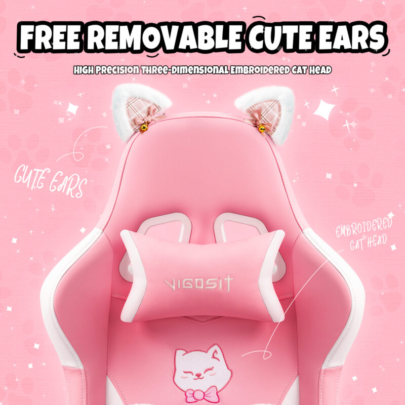 Cat Ears Pink Gaming Chair - Pink PU Leather Ergonomic Reclining Office Chair with Footrest, 310lb Capacity, 6-Position Recline, 360° Swivel - Image 6