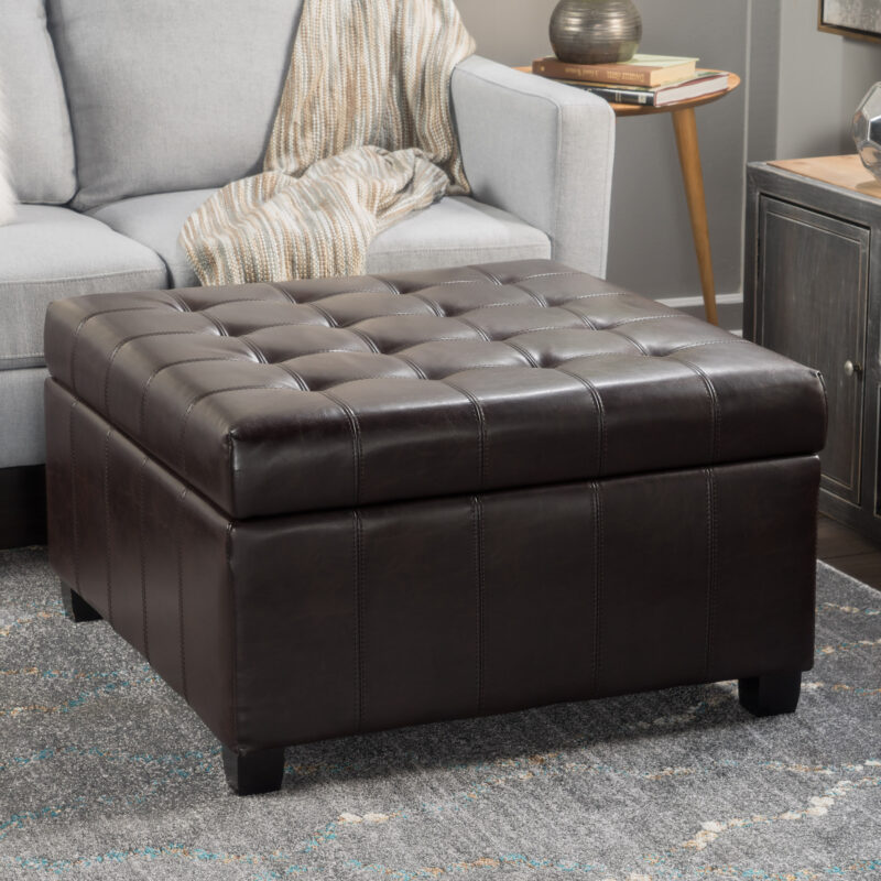 Upholstered Tufted PU Leather Storage Ottoman, Dark Brown - Image 2