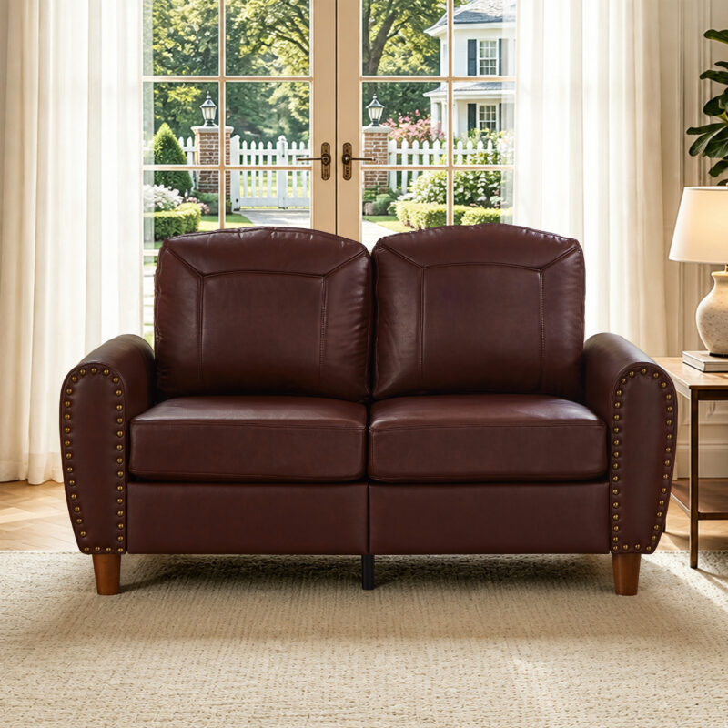 59" Classic Living Room Sofa Loveseat Faux Leather Couch,Rolled Arm Sofa with Nails,Solid Wood Legs,Upholstered Breathable PU Leather Brown - Image 11