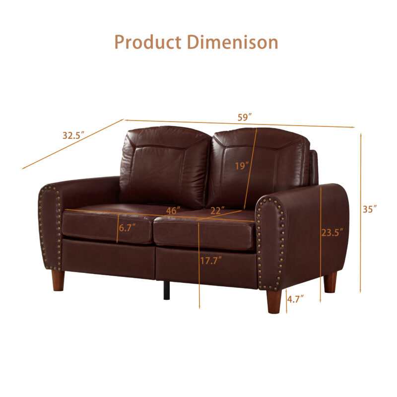 59" Classic Living Room Sofa Loveseat Faux Leather Couch,Rolled Arm Sofa with Nails,Solid Wood Legs,Upholstered Breathable PU Leather Brown - Image 19