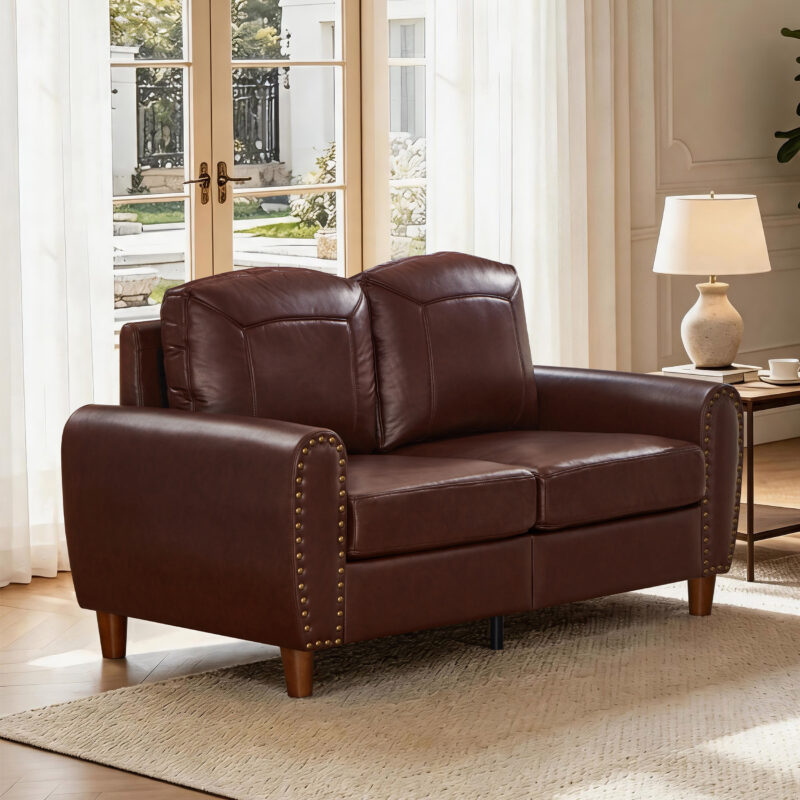 59" Classic Living Room Sofa Loveseat Faux Leather Couch,Rolled Arm Sofa with Nails,Solid Wood Legs,Upholstered Breathable PU Leather Brown - Image 10