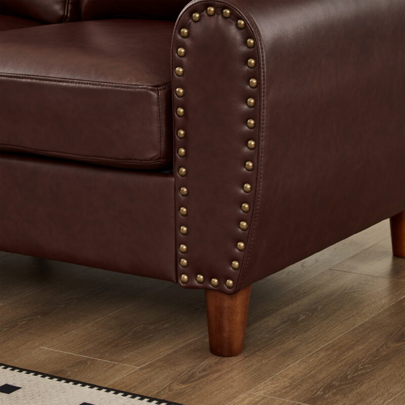 59" Classic Living Room Sofa Loveseat Faux Leather Couch,Rolled Arm Sofa with Nails,Solid Wood Legs,Upholstered Breathable PU Leather Brown - Image 17